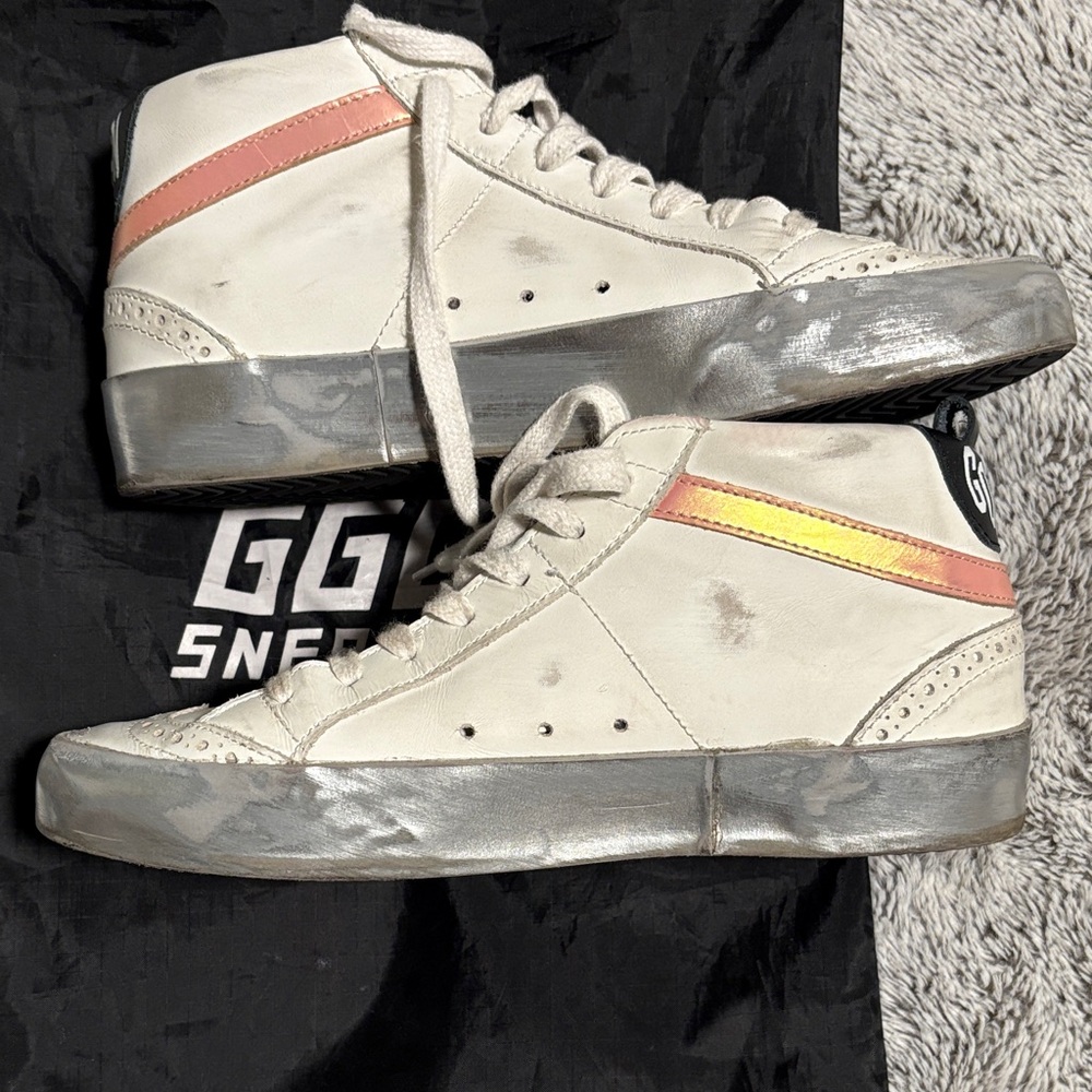 Golden Goose White and Silver Athletic Shoes with Pink Accent EU 36